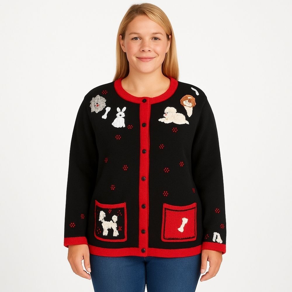 Quacker Factory Vintage Dog Lovers Cardigan Sweater Poodle Shih Tzu Pit Bull Ter